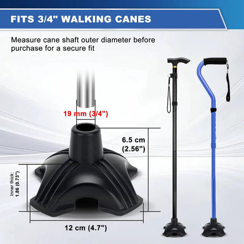 Heavy Duty Quad Cane Tip Replacement For 3/4 Inch Shafts showing measurements and details, fits 3/4 inch walking canes with rubber base.