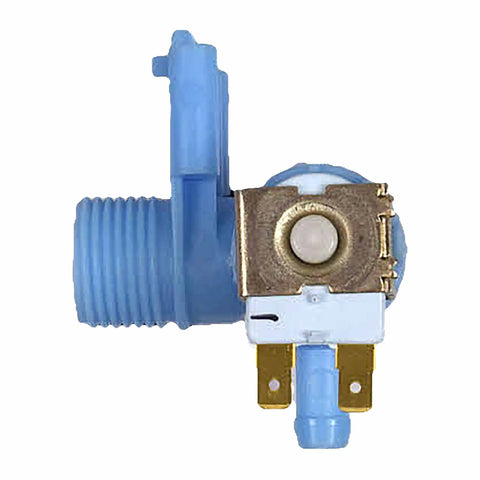 Side view of 5304525044 Water Inlet Valve For Dishwashers OEM Replacement Part Replaces 5304521660 with blue plastic and metal components.