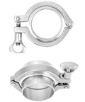 Front and side views of QWORK 304 stainless sanitary clamp fitting with a 2 in ferrule and chuck end, 2 sets