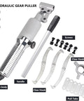 Hydraulic Gear Puller Kit 50 Ton 110000LB With 50 Cm Opening parts including pump, handle, claw hooks, screws, and pull tabs.