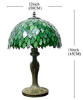 Green Tiffany Style Stained Glass Table Lamp For Desk And Bedside Use 12x12x18 Inch Antique Green Bronze Base UL Listed Cozy Reading Light.