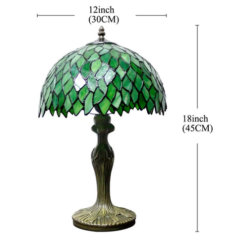 Green Tiffany Style Stained Glass Table Lamp For Desk And Bedside Use 12x12x18 Inch Antique Green Bronze Base UL Listed Cozy Reading Light.