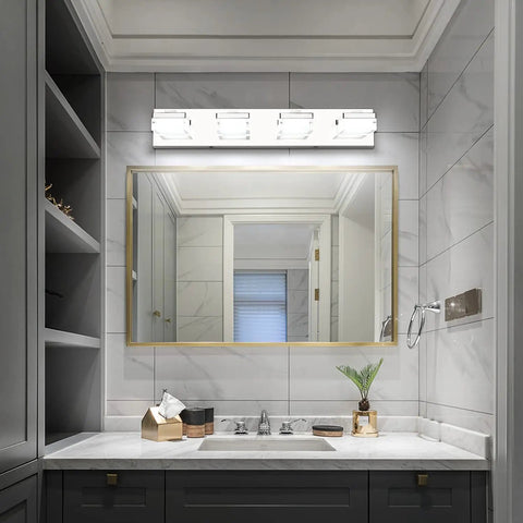 Dope Four Light LED Vanity Fixture Over Mirror In Gloss Chrome 24.9 Inch Bathroom Vanity Light above mirror in bathroom