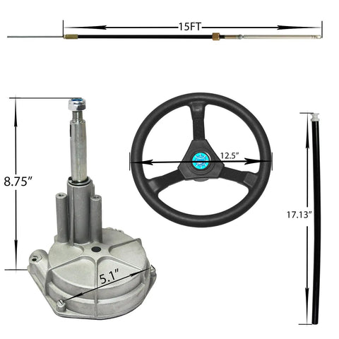 15 Foot Boat Steering Cable Kit With 12.5 Inch Wheel Rotary Helm For Outboard Marine Steering System, High Performance Boat Steering Kit With Durable Rotary Helm