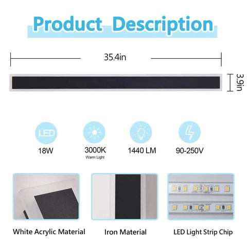 Diagram of Modern Outdoor LED Wall Sconce 35.4 Inch 18W Frosted White Acrylic with specifications and material highlights.