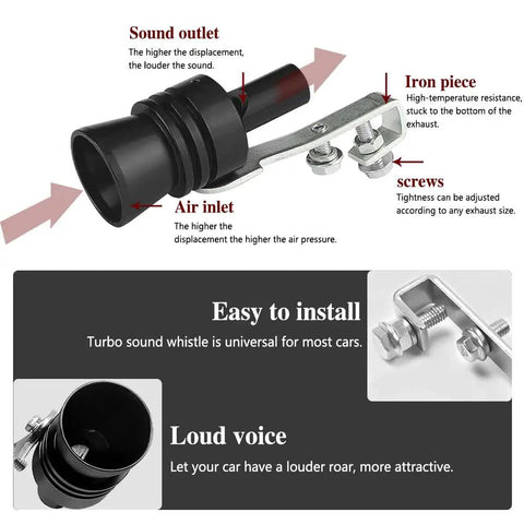 XL Size Aluminum Alloy Universal Turbo Whistle 2 Pack Black Exhaust Muffler Pipe For Cars Sound Booster Roar Maker Beast Mode Durable Rustproof Car Accessory High Quality Build with detailed parts and installation instructions