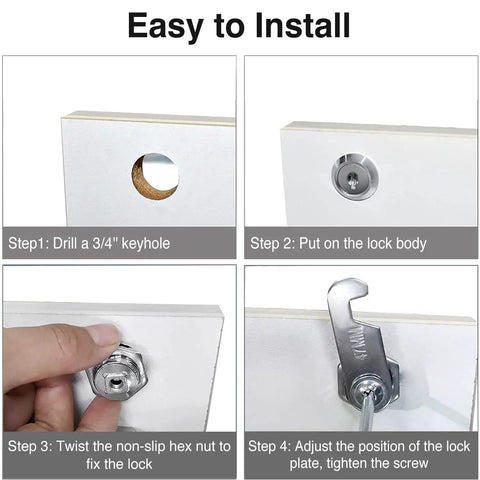 Installation steps for 1-1/8 Inch Cam Lock Set Keyed Alike For Cabinets Drawers And Boxes With Zinc Alloy