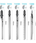 Premium Single T Style Jigsaw Blade Precision Ground High Carbon Steel Shredding Through Raw Wood Composite Plastic And Thin Metal Power Tool Replacement Part Compatible With Major Brands, showing various jigsaw blades, sizes 83mm - 115mm.