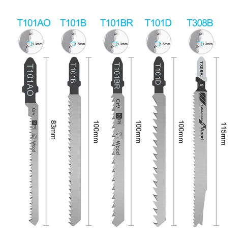 Premium Single T Style Jigsaw Blade Precision Ground High Carbon Steel Shredding Through Raw Wood Composite Plastic And Thin Metal Power Tool Replacement Part Compatible With Major Brands, showing various jigsaw blades, sizes 83mm - 115mm.