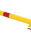 Hella Sturdy Heavy Duty Steel Fold Down Vehicle Safety Bollard With Reflective Warning Bands Lockable Top Eyelet And Wall Mount Kit For Garage Parking Protection, yellow with red bands and installation screws.