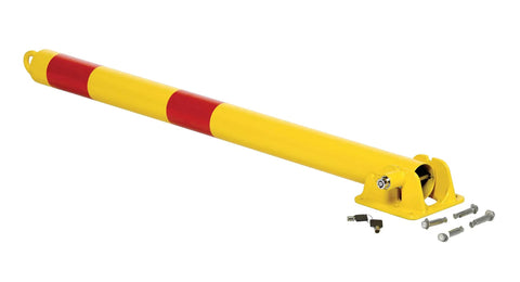 Hella Sturdy Heavy Duty Steel Fold Down Vehicle Safety Bollard With Reflective Warning Bands Lockable Top Eyelet And Wall Mount Kit For Garage Parking Protection, yellow with red bands and installation screws.