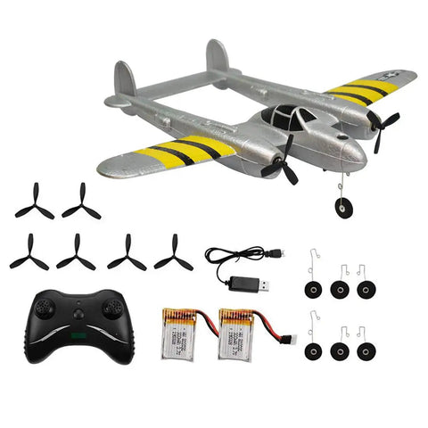 Beginner Friendly P38 RC Plane With 2.4GHz 2CH RTF Remote and accessories including batteries, propellers, and charger.