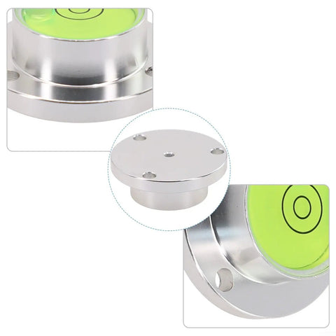 Close-up of Small Horizontal Bubble Level with metal flange and high-visibility bubble vial, compact dimensions for precision use.