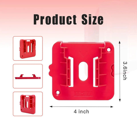 M18 18V Battery Holder Wall Mount 5 Pack Heavy Duty Storage Organizer With Lock dimensions shown in red plastic