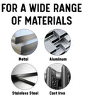 End mill materials infographic with four circular icons labeled Metal, Aluminum, Stainless Steel, Cast Iron.