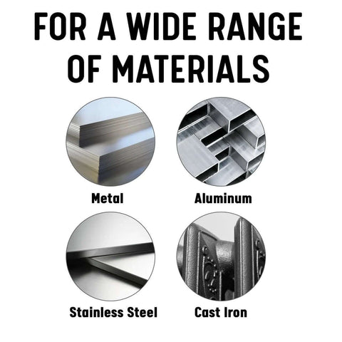 End mill materials infographic with four circular icons labeled Metal, Aluminum, Stainless Steel, Cast Iron.