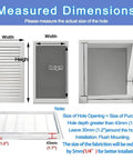 Image explaining dimensions for Super Large Aluminum Louvered Access Panel 47 By 45 Inches with installation notes.