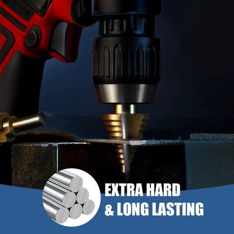 Titanium Coated HSS Step Drill Bit Set With Ten Sizes From One Quarter Inch To One And Three Eighths Inch drilling metal sheet