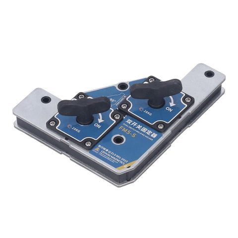 Heavy Duty Welding Magnets 28KG Pull Force, Dual Switch Angle Fixture for steel plate, showing knobs and design details.