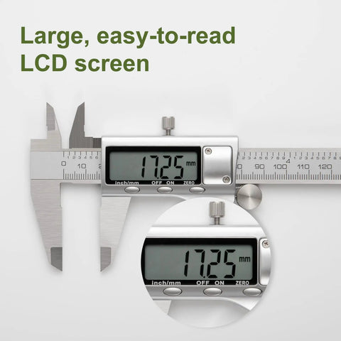 Close-up of All Metal Digital Caliper 0 To 12 Inch Measuring Tool with large easy-to-read LCD screen displaying metric measurement