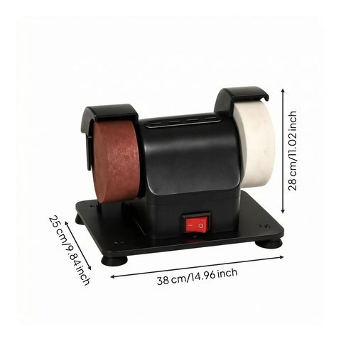 Compact Electric Bench Grinder With Stable Anti Vibration Base For Home Workshops sharpening, with dual wheels for polishing.