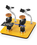 Yellow and black Dual Clamp Soldering Helper Stand with Quick Release Third Hand holding a PCB for electronics repair.