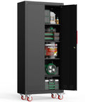 Tall 71 Inch Metal Garage Storage Cabinet On Wheels With Four Adjustable Shelves And Two Locking Doors For Garage Home Office And Shop Black Built To Last With Scratch Resistant Powder Coat And Heavy Duty Steel shown open with tools inside