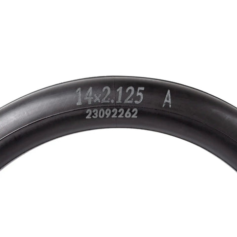 Close-up of Heavy Duty 14x2.125 Inner Tube With Angled Valve Stem For Electric Scooters And E Bikes showing size print.