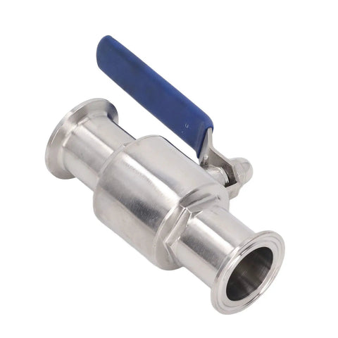 Heavy Duty Clamp Ball Valve With 304 Stainless Steel Body For Quick Grab Installation And Smooth Plumbing Flow Control, showing a close-up of the valve with a blue lever.