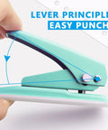 Side view of green Grab And Go Handheld One Quarter Inch Hole Punch For Up To Twenty Sheets, metal hole puncher with skid resistant base.