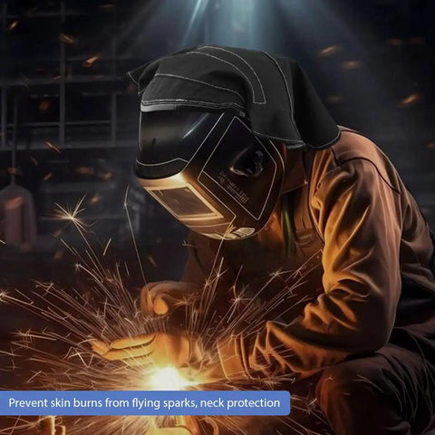 Extended Welding Helmet Cover With Press Fit Seal For Pro Grade Protection, Durable Silicone Seal And Easy Install, Quick Clip Attachment, Fits Most Welding Helmets, Black Hood Guard To Shield Your Face And Gear in use with sparks visible.