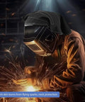 Welder wearing Extended FR Cotton Welding Hood Cover With U Shaped Press Fit Seal for full neck protection against sparks.