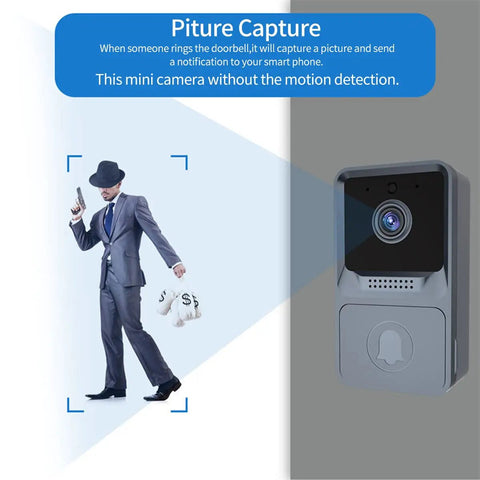 Dope Smart Video Doorbell Camera With WiFi Connect Wireless Doorbell Chime HD Video Two Way Talk Cloud Storage Night Vision Remote Access Easy Setup Perfect For Home Or Apartment Security Black, capturing image of person in suit.