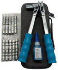 Get Your Fridge Running Like New With This Awesome Refrigerator Repair Tool Kit Featuring FRK8 Crimping Wrench Plus 15Ml Sealing Fluid And Complete Set Of Composite Rings For Easy DIY Fixes. Image showing crimping tool with blue rubber grips, sealing fluid, and composite rings.
