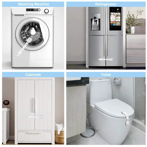 Five Pack Plastic Safety Cabinet Locks And Drawer Latches Set For Doors And Refrigerators securing washing machine, fridge, cabinet, toilet.