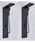 RIBEUJIZS Digital Shower System, Matte Black LED Shower Panel Waterfall Rain Faucet Set SPA Massage Jet Bath Column Double Handle Mixer Tap Tower，6004 Brushed Nickel-1, dual angle view showing controls and shower heads.