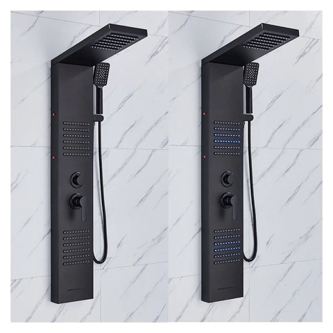 RIBEUJIZS Digital Shower System, Matte Black LED Shower Panel Waterfall Rain Faucet Set SPA Massage Jet Bath Column Double Handle Mixer Tap Tower，6004 Brushed Nickel-1, dual angle view showing controls and shower heads.