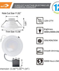 12 Inch Recessed Led Commercial Downlight With J Box 30 40 50W Switchable Wattage Three Cct 3000K To 5000K Dimmable Ic Rated ETL dimensions and specifications.