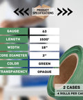 Heavy Duty Dark Green Stretch Wrap, 8 Rolls Of 18 By 1500 Feet, 63 Gauge Industrial Plastic Film With Insane Cling For Moving And Packing, Self Adhering Shrink Roll That Holds Lock Tight specifications image showing gauge, length, width, and core diameter.