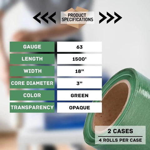 Heavy Duty Dark Green Stretch Wrap, 8 Rolls Of 18 By 1500 Feet, 63 Gauge Industrial Plastic Film With Insane Cling For Moving And Packing, Self Adhering Shrink Roll That Holds Lock Tight specifications image showing gauge, length, width, and core diameter.