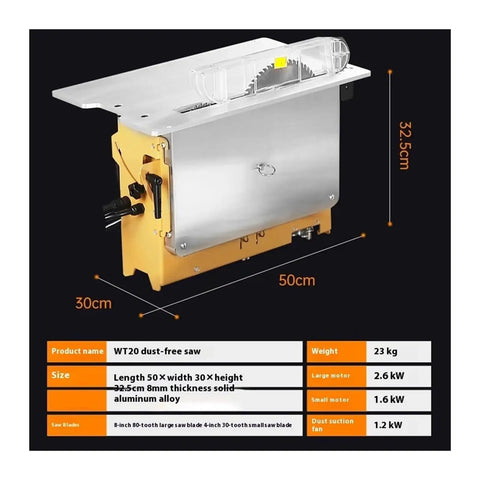 Built Tough Portable Woodworking Table Saw Featuring Dual High Power Motors Plus No Mess Dust Control On A Heavy Duty Aluminum Bench for precise cutting measurements.
