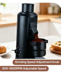 Badass Single Dose Electric Coffee Grinder Featuring Rock Solid 80 Millimeter Flat Burrs And Tweakable Stepless Adjustment For Hella Smooth Flavor Extraction And Minimal Static Residue Always Ready To Serve Black with grinding speed adjustment knob.