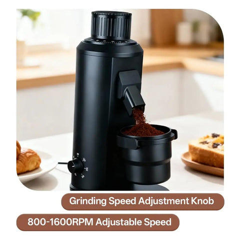 Badass Single Dose Electric Coffee Grinder Featuring Rock Solid 80 Millimeter Flat Burrs And Tweakable Stepless Adjustment For Hella Smooth Flavor Extraction And Minimal Static Residue Always Ready To Serve Black with grinding speed adjustment knob.
