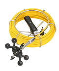 Heavy Duty Industrial Borescope Camera With 9 Inch Monitor And 12 Leds For Drain And Sewer Lines Built Like A Tank For Daily Grind Workflows Featuring IP68 Rating And Killer 1000TvL Resolution, yellow cable reel with handle and tool head.