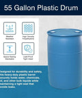 Heavy Duty 55 Gallon Plastic Drum Stackable Industrial Storage Barrel Chemical Resistant Liquid Container Made From Tight Head High Density Polyethylene In Blue with features displayed.
