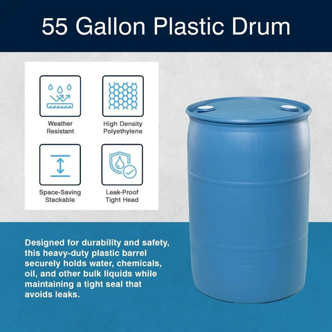 Heavy Duty 55 Gallon Plastic Drum Stackable Industrial Storage Barrel Chemical Resistant Liquid Container Made From Tight Head High Density Polyethylene In Blue with features displayed.