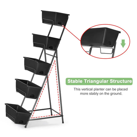 Five Tier Vertical Garden Planter For Balcony Or Patio No Bend Ergonomic Design Space Saving Raised Garden Bed with black pots