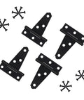 Four Pack Badass Heavy Duty T Strap Hinges Built Tough From Rustproof Wrought Iron With Classic Black Finish next to screws.