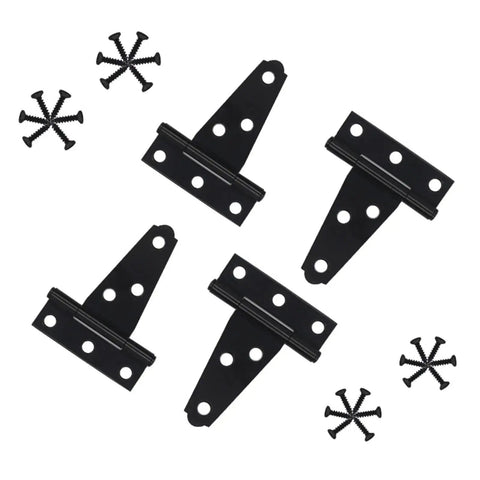 Four Pack Badass Heavy Duty T Strap Hinges Built Tough From Rustproof Wrought Iron With Classic Black Finish next to screws.