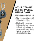 No Nonsense 11 Ft Single Leg Self Retracting Lifeline Featuring Smooth Galvanized Steel Cable And Heavy Duty Double Latch Snap Hook.